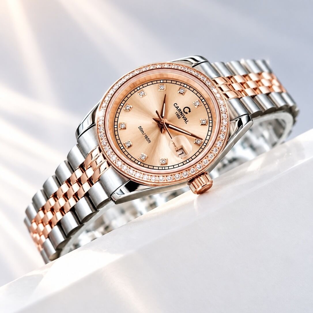 Đồng Hồ Nữ Carnival 8131L2-CH-NN Dây Demi Vàng Hồng Viền Đính Đá Size 31mm Quartz Japan