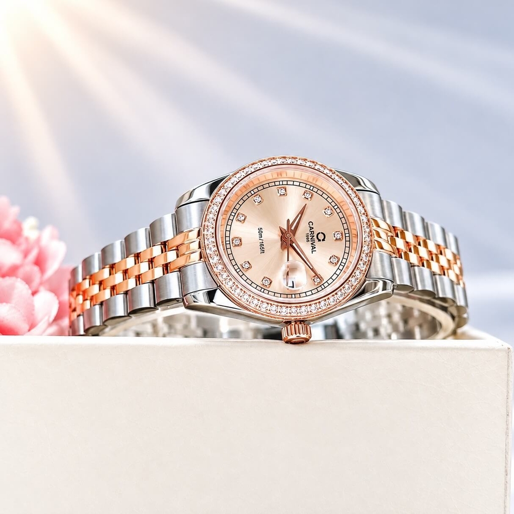 Đồng Hồ Nữ Carnival 8131L2-CH-NN Dây Demi Vàng Hồng Viền Đính Đá Size 31mm Quartz Japan
