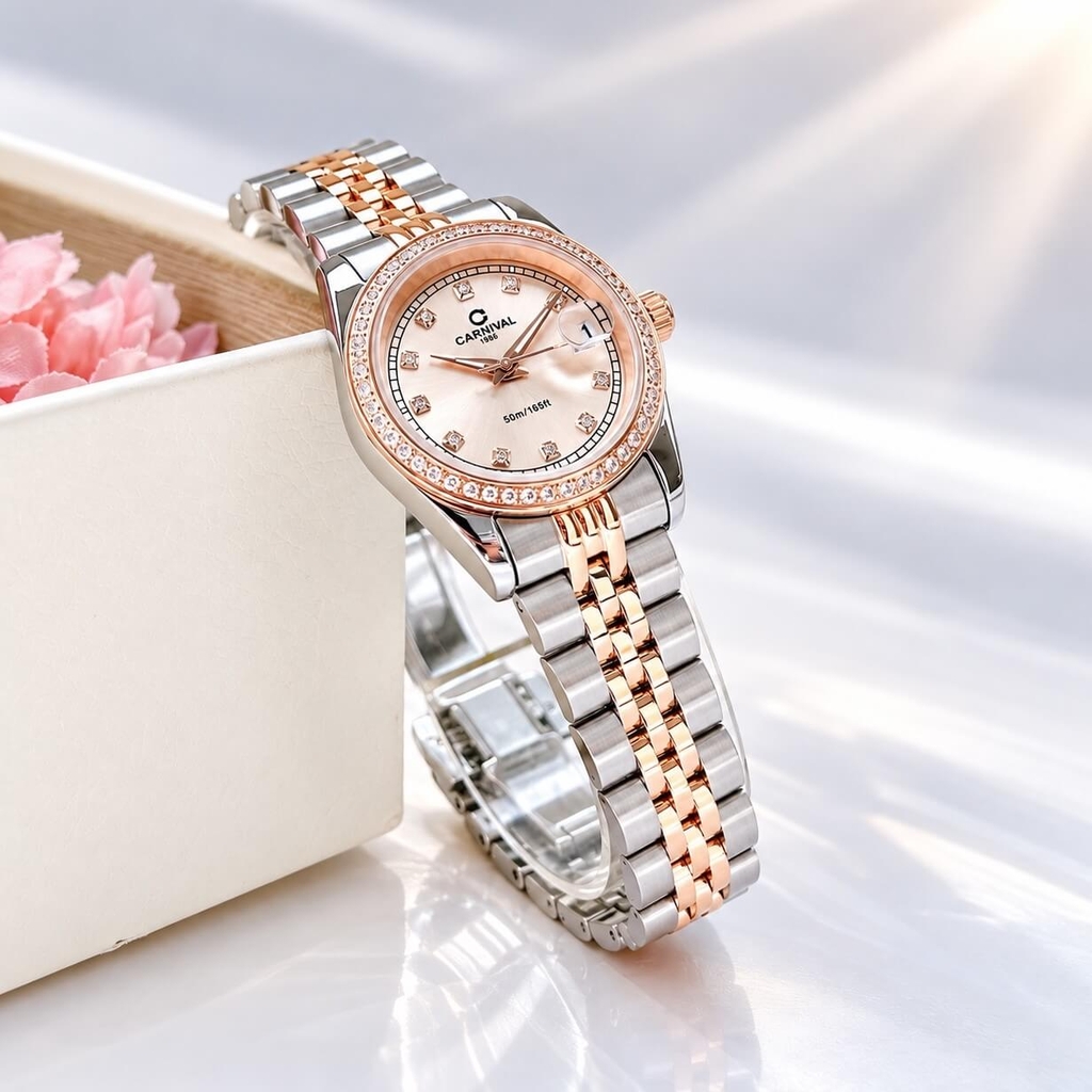 Đồng Hồ Nữ Carnival 8131L2-CH-NN Dây Demi Vàng Hồng Viền Đính Đá Size 31mm Quartz Japan