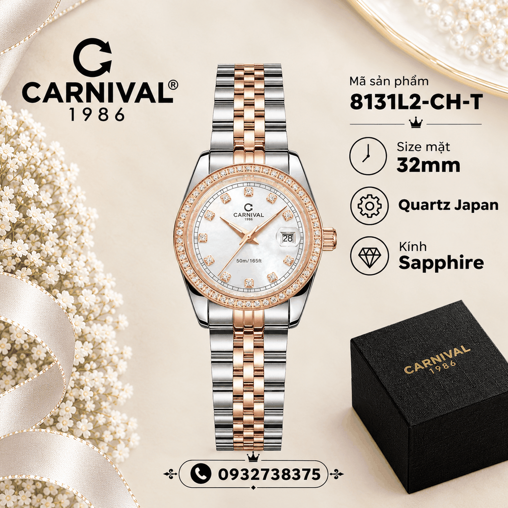 Đồng Hồ Nữ Carnival 8131L2-CH-T Dây Demi Vàng Hồng Mặt Trắng Viền Đính Đá Size 31mm Quartz Japan