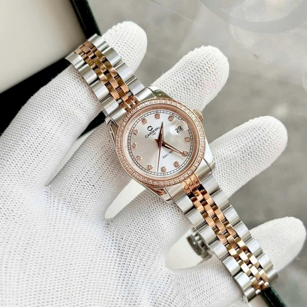 Đồng Hồ Nữ Carnival 8131L2-CH-T Dây Demi Vàng Hồng Mặt Trắng Viền Đính Đá Size 31mm Quartz Japan
