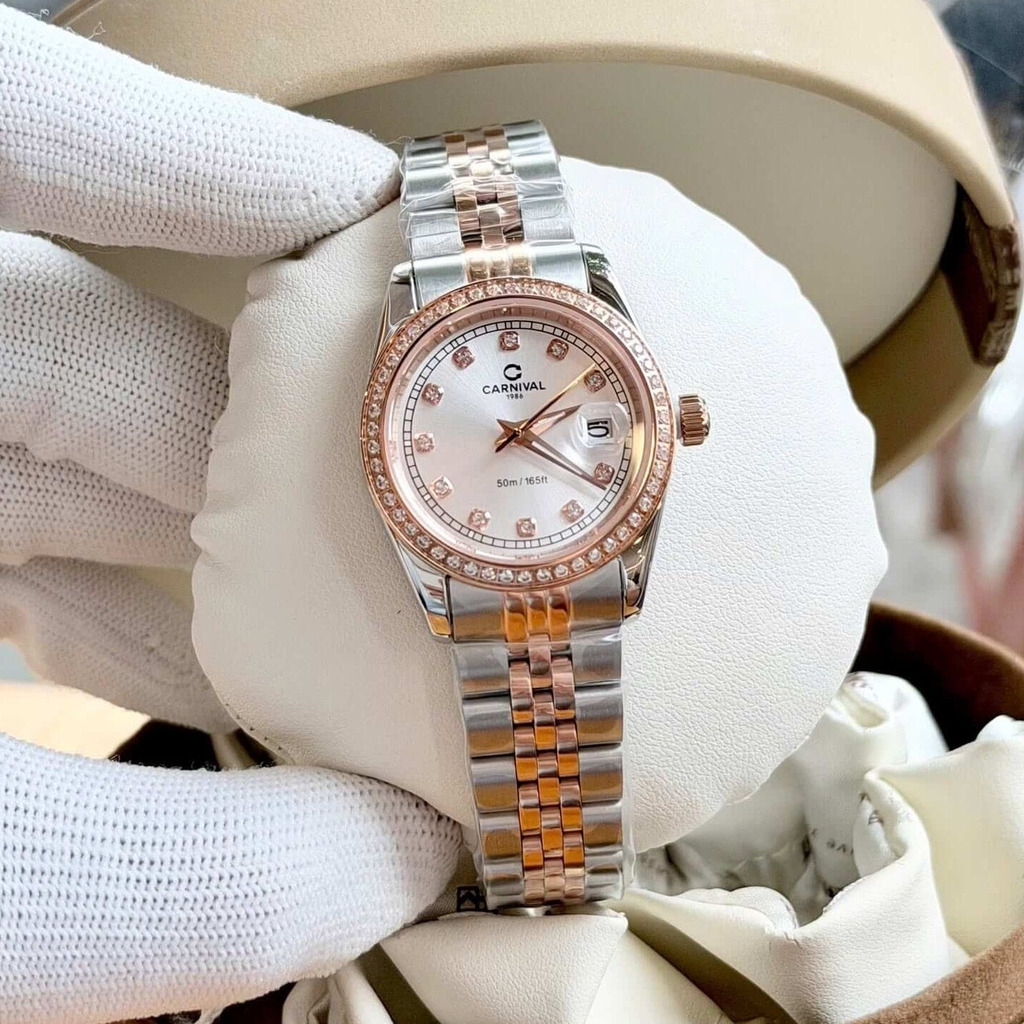 Đồng Hồ Nữ Carnival 8131L2-CH-T Dây Demi Vàng Hồng Mặt Trắng Viền Đính Đá Size 31mm Quartz Japan