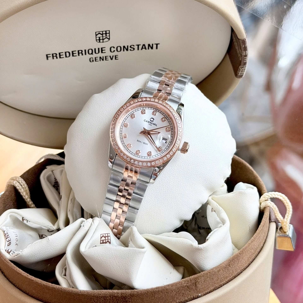 Đồng Hồ Nữ Carnival 8131L2-CH-T Dây Demi Vàng Hồng Mặt Trắng Viền Đính Đá Size 31mm Quartz Japan