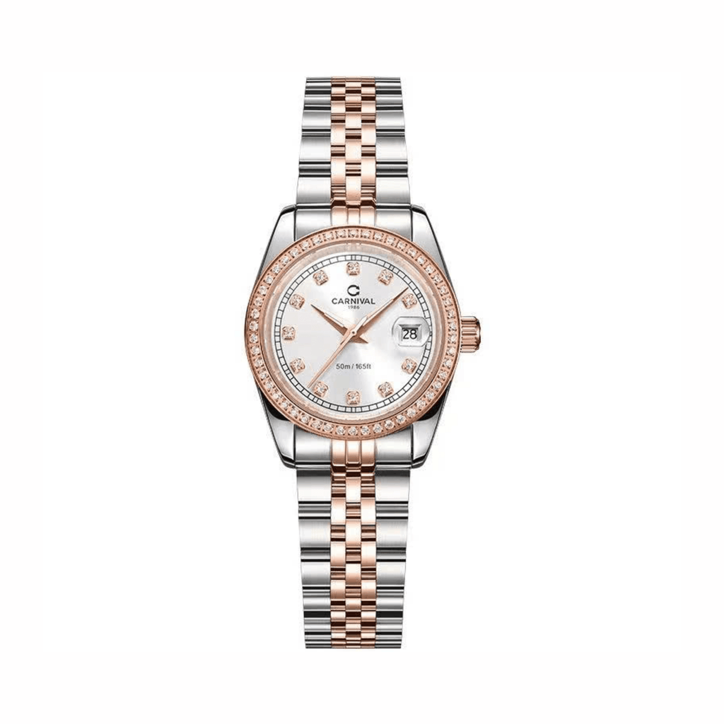 Đồng Hồ Nữ Carnival 8131L2-CH-T Dây Demi Vàng Hồng Mặt Trắng Viền Đính Đá Size 31mm Quartz Japan