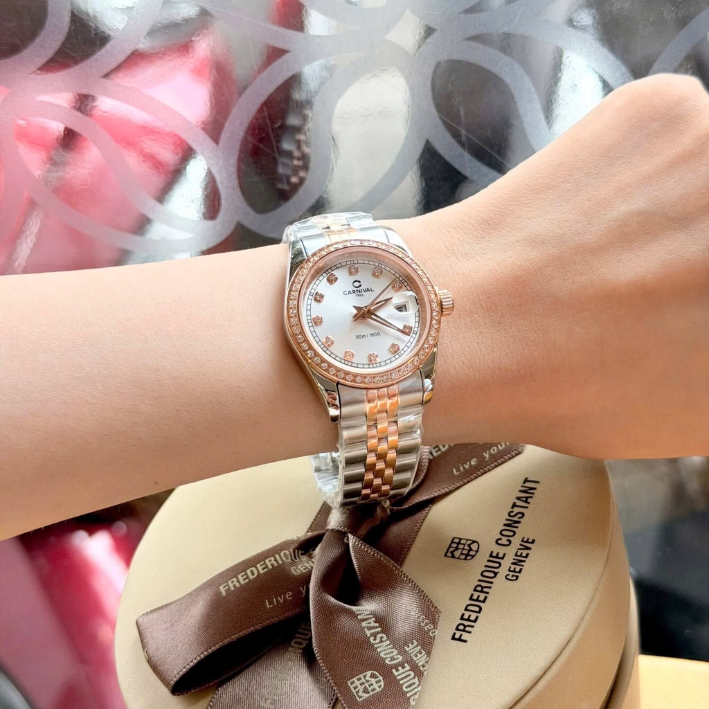 Đồng Hồ Nữ Carnival 8131L2-CH-T Dây Demi Vàng Hồng Mặt Trắng Viền Đính Đá Size 31mm Quartz Japan