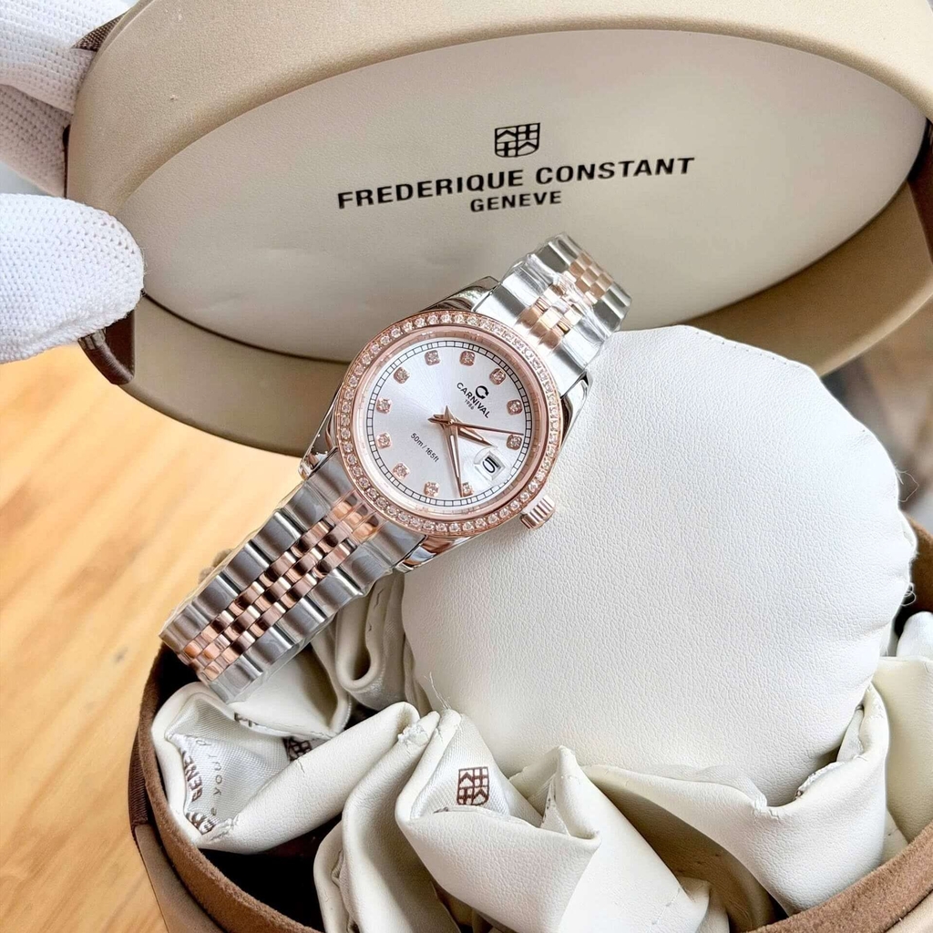 Đồng Hồ Nữ Carnival 8131L2-CH-T Dây Demi Vàng Hồng Mặt Trắng Viền Đính Đá Size 31mm Quartz Japan