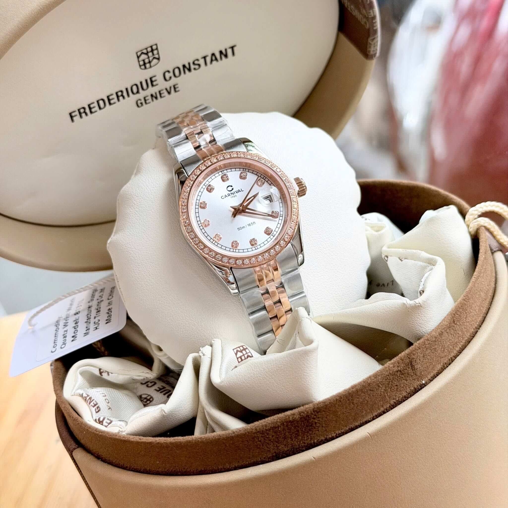 Đồng Hồ Nữ Carnival 8131L2-CH-T Dây Demi Vàng Hồng Mặt Trắng Viền Đính Đá Size 31mm Quartz Japan