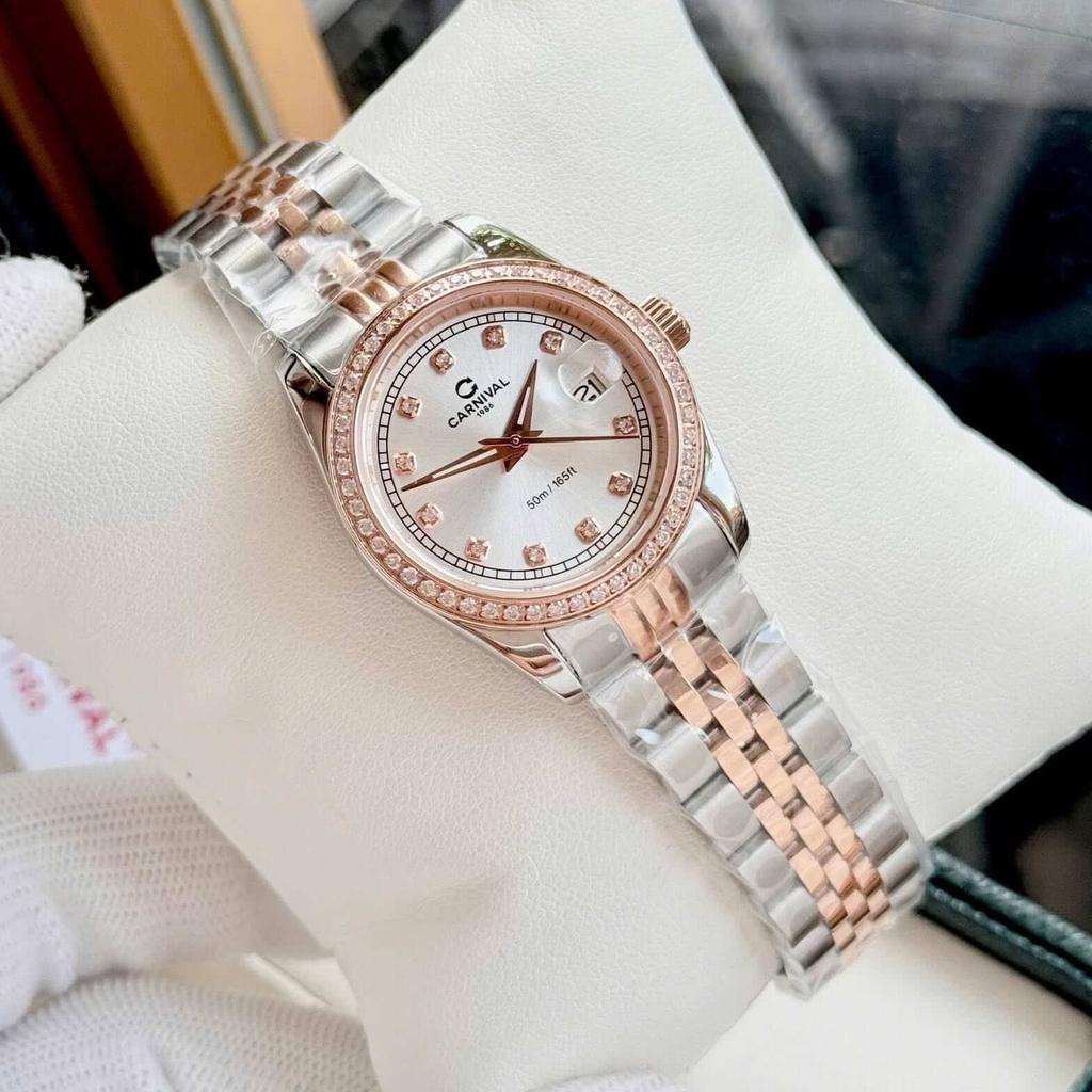 Đồng Hồ Nữ Carnival 8131L2-CH-T Dây Demi Vàng Hồng Mặt Trắng Viền Đính Đá Size 31mm Quartz Japan