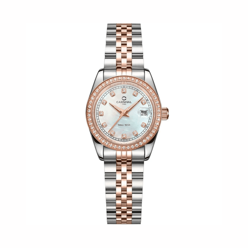 Đồng Hồ Nữ Carnival 8131L2-CH-TK Dây Demi Vàng Hồng Mặt Xà Cừ Trắng Viền Đính Đá Size 31mm Quartz Japan