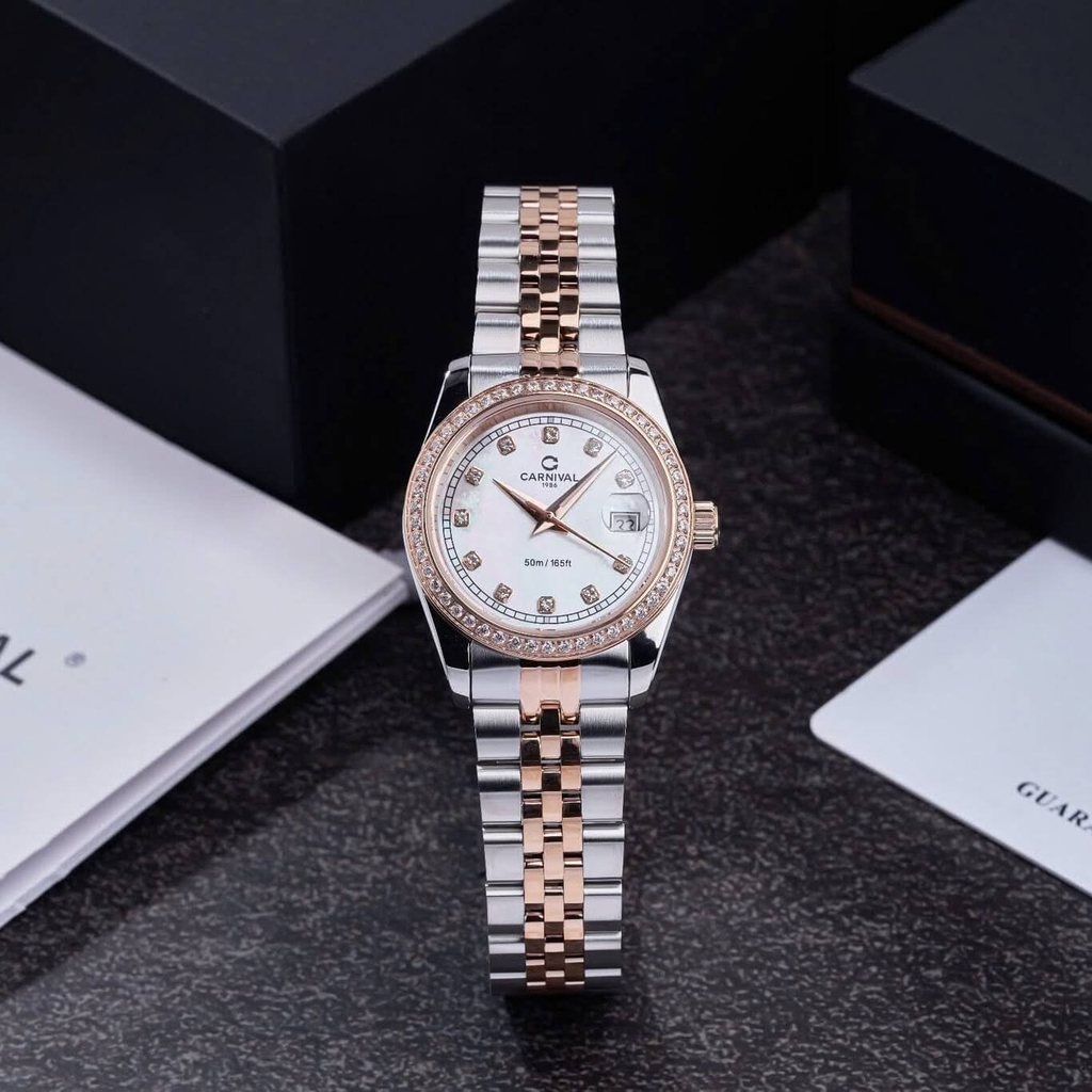 Đồng Hồ Nữ Carnival 8131L2-CH-TK Dây Demi Vàng Hồng Mặt Xà Cừ Trắng Viền Đính Đá Size 31mm Quartz Japan