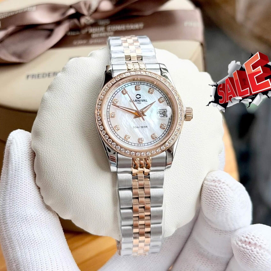 Đồng Hồ Nữ Carnival 8131L2-CH-TK Dây Demi Vàng Hồng Mặt Xà Cừ Trắng Viền Đính Đá Size 31mm Quartz Japan