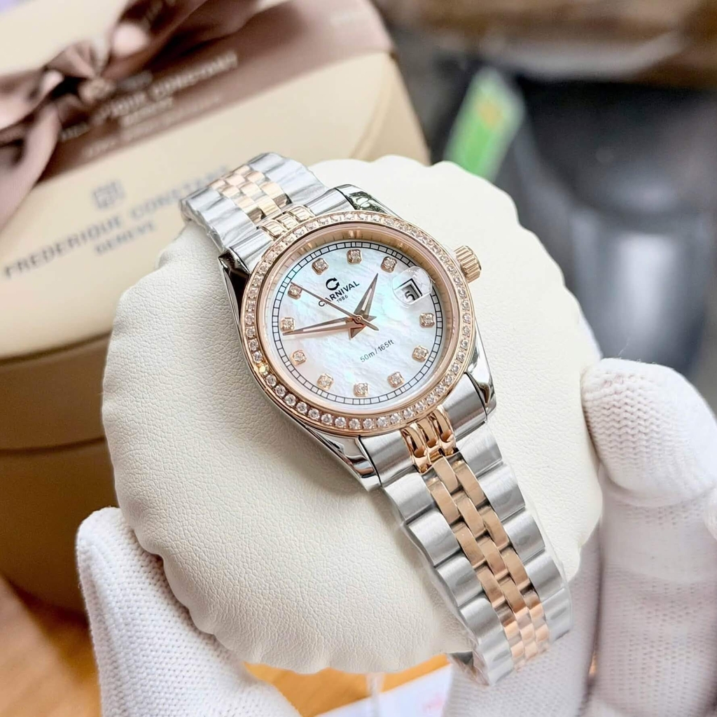 Đồng Hồ Nữ Carnival 8131L2-CH-TK Dây Demi Vàng Hồng Mặt Xà Cừ Trắng Viền Đính Đá Size 31mm Quartz Japan