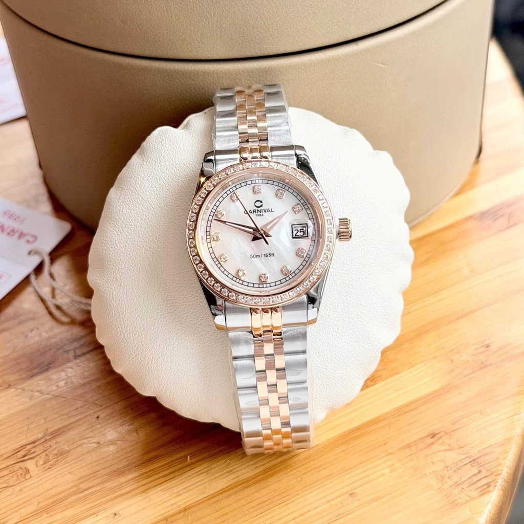 Đồng Hồ Nữ Carnival 8131L2-CH-TK Dây Demi Vàng Hồng Mặt Xà Cừ Trắng Viền Đính Đá Size 31mm Quartz Japan