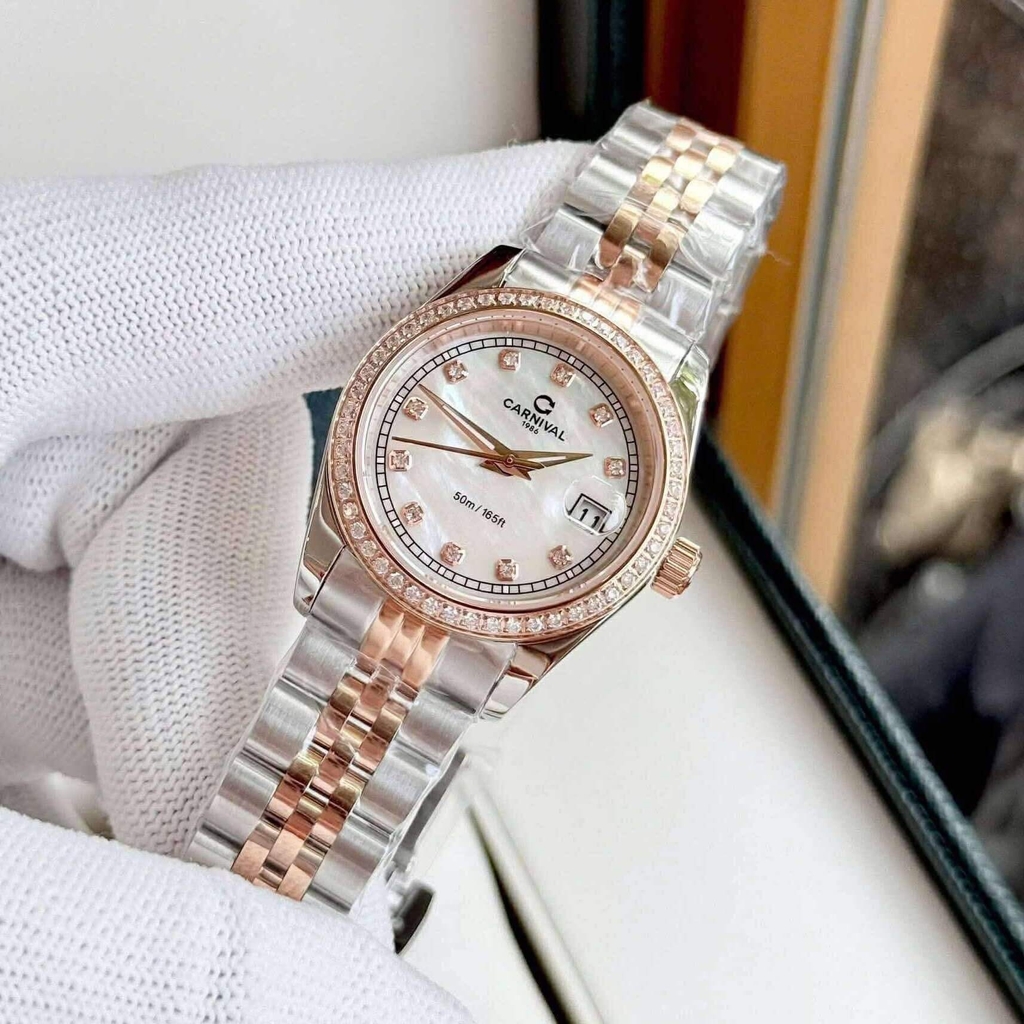 Đồng Hồ Nữ Carnival 8131L2-CH-TK Dây Demi Vàng Hồng Mặt Xà Cừ Trắng Viền Đính Đá Size 31mm Quartz Japan