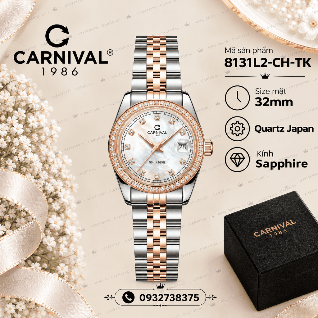 Đồng Hồ Nữ Carnival 8131L2-CH-TK Dây Demi Vàng Hồng Mặt Xà Cừ Trắng Viền Đính Đá Size 31mm Quartz Japan