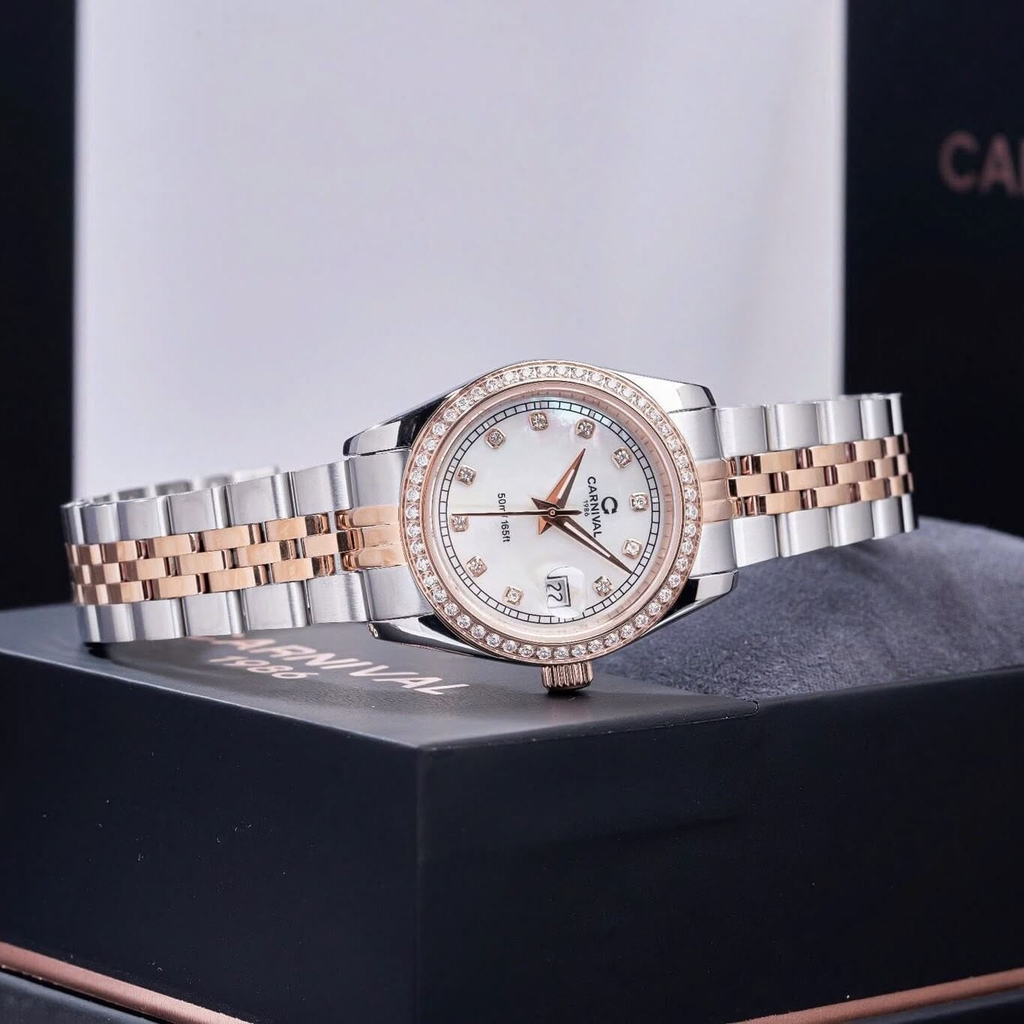 Đồng Hồ Nữ Carnival 8131L2-CH-TK Dây Demi Vàng Hồng Mặt Xà Cừ Trắng Viền Đính Đá Size 31mm Quartz Japan