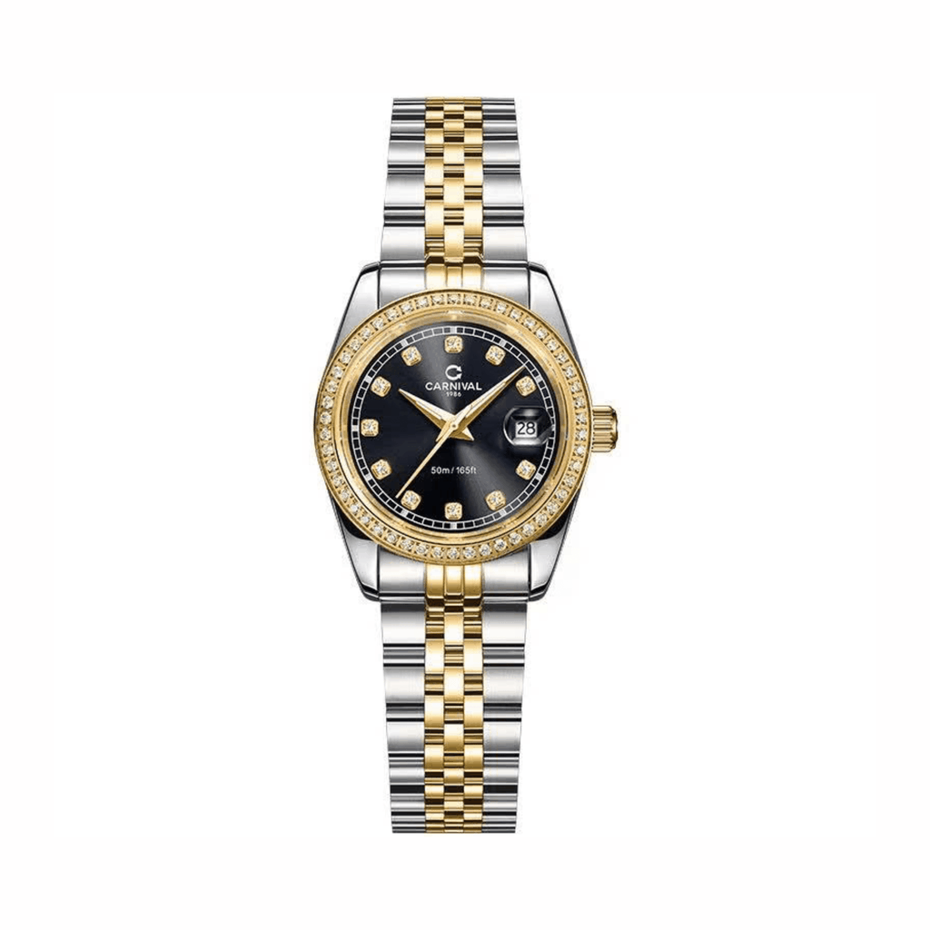Đồng Hồ Nữ Carnival 8131L2-CV-D Dây Demi Vàng Gold Mặt Đen Viền Đính Đá Size 31mm Quartz Japan