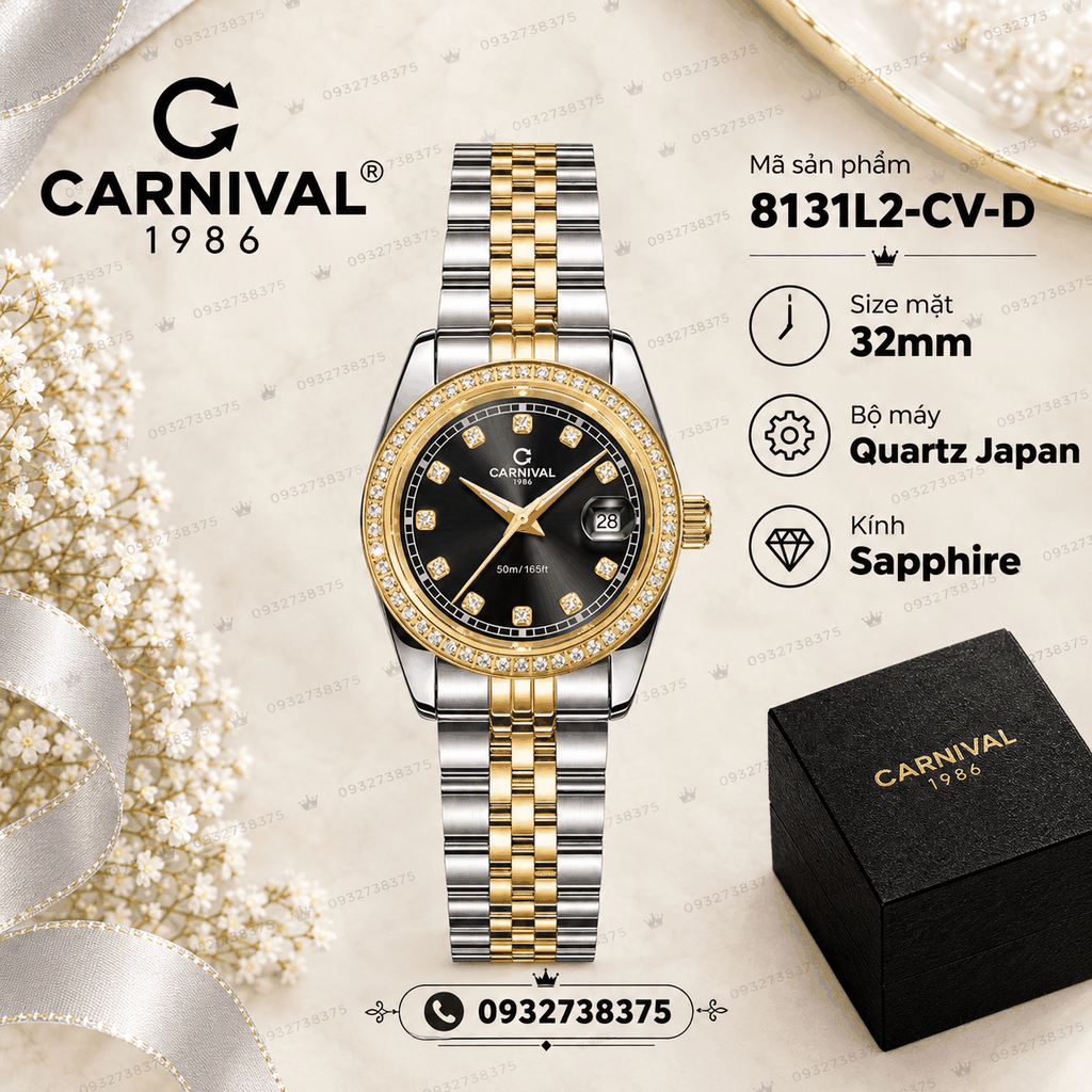 Đồng Hồ Nữ Carnival 8131L2-CV-D Dây Demi Vàng Gold Mặt Đen Viền Đính Đá Size 31mm Quartz Japan