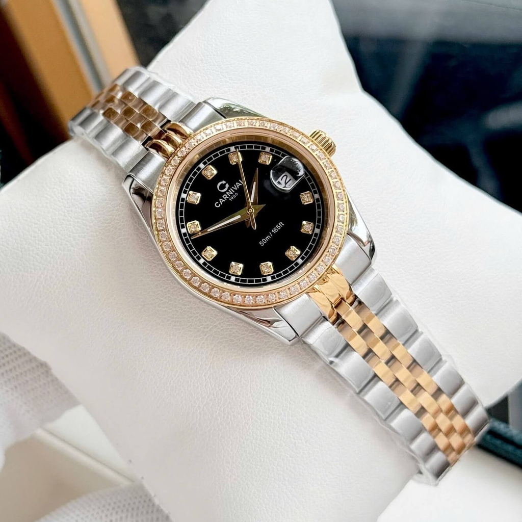 Đồng Hồ Nữ Carnival 8131L2-CV-D Dây Demi Vàng Gold Mặt Đen Viền Đính Đá Size 31mm Quartz Japan
