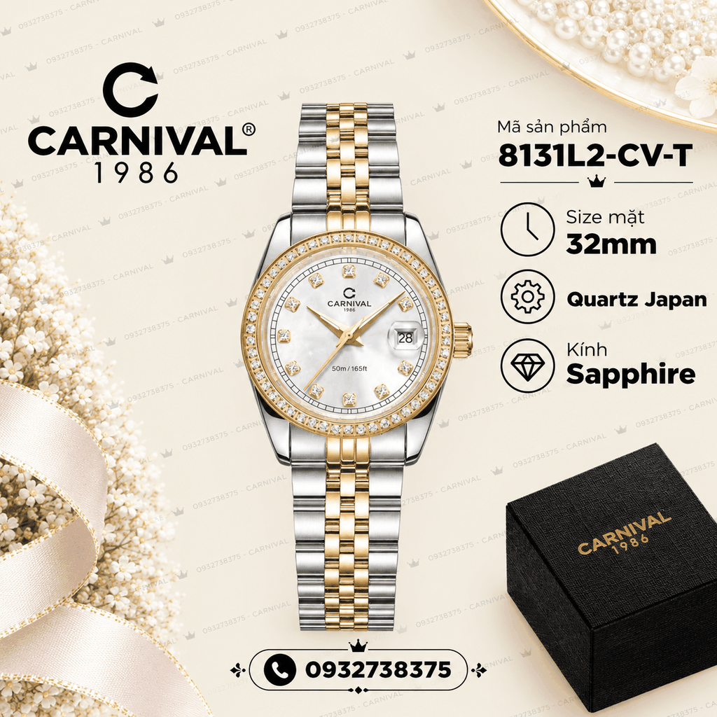 Đồng Hồ Nữ Carnival 8131L2-CV-T Dây Demi Vàng Gold Mặt Trắng Viền Đính Đá Size 31mm Quartz Japan