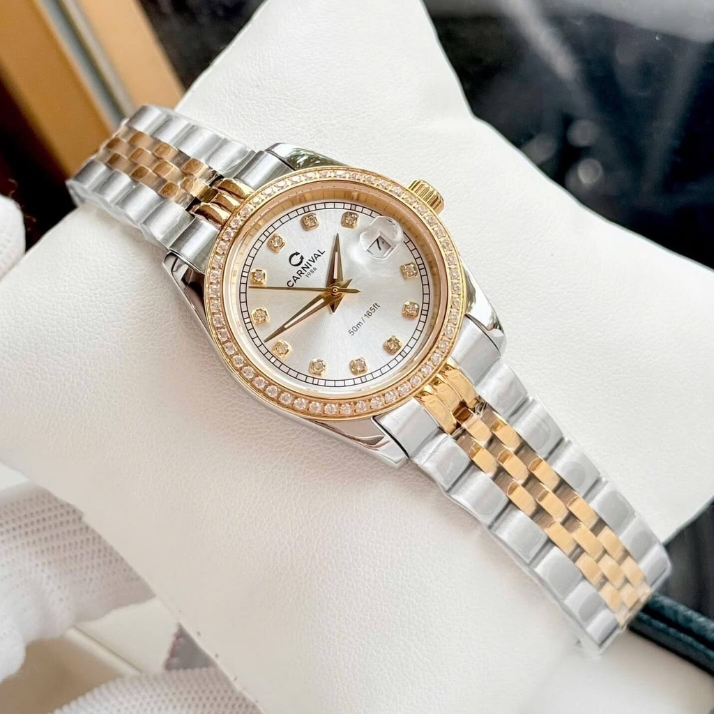 Đồng Hồ Nữ Carnival 8131L2-CV-T Dây Demi Vàng Gold Mặt Trắng Viền Đính Đá Size 31mm Quartz Japan