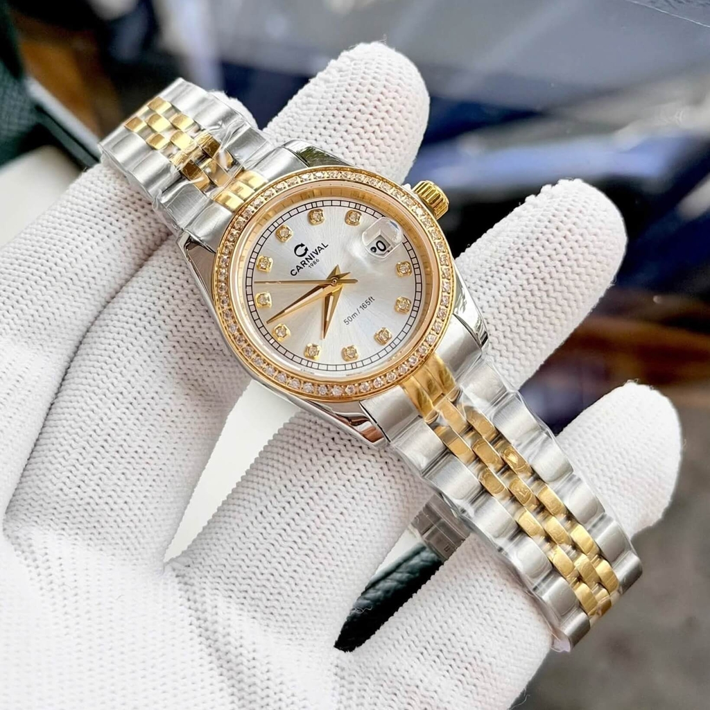 Đồng Hồ Nữ Carnival 8131L2-CV-T Dây Demi Vàng Gold Mặt Trắng Viền Đính Đá Size 31mm Quartz Japan