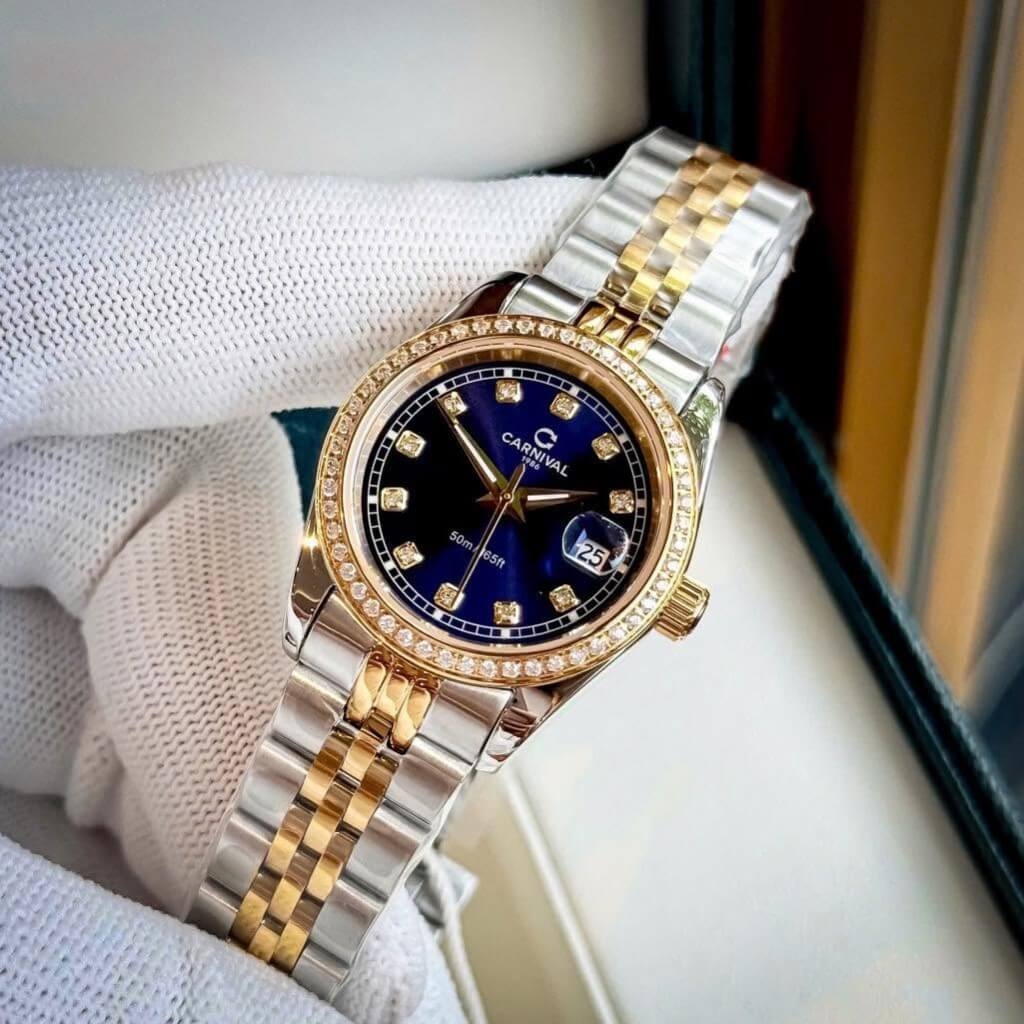 Đồng Hồ Nữ Carnival 8131L2-CV-X Dây Demi Vàng Gold Mặt Xanh Coban Viền Đính Đá Size 31mm Quartz Japan