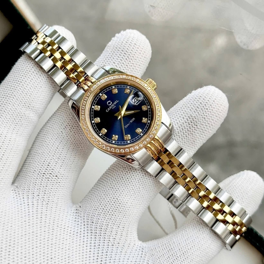 Đồng Hồ Nữ Carnival 8131L2-CV-X Dây Demi Vàng Gold Mặt Xanh Coban Viền Đính Đá Size 31mm Quartz Japan