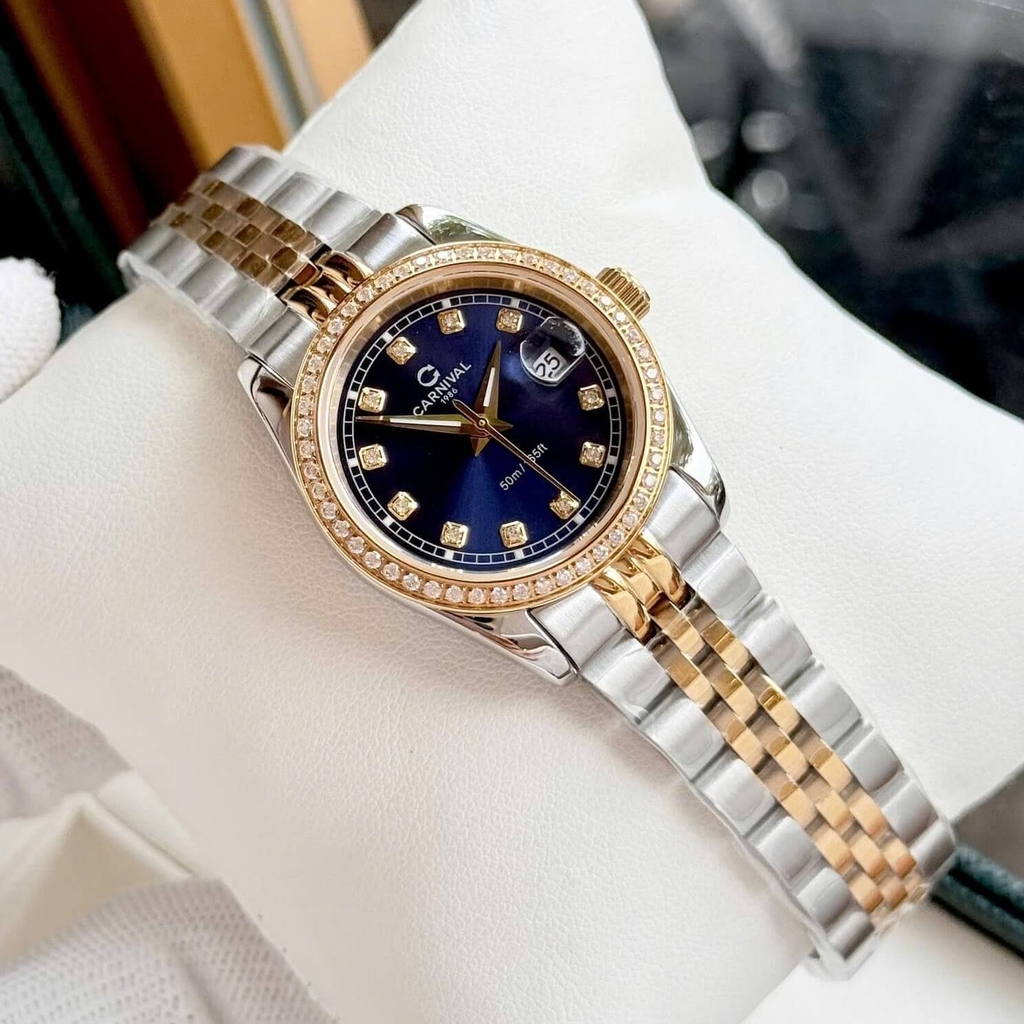 Đồng Hồ Nữ Carnival 8131L2-CV-X Dây Demi Vàng Gold Mặt Xanh Coban Viền Đính Đá Size 31mm Quartz Japan
