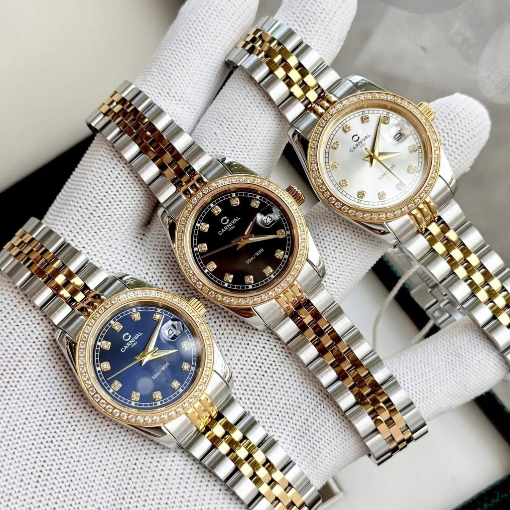 Đồng Hồ Nữ Carnival 8131L2-CV-X Dây Demi Vàng Gold Mặt Xanh Coban Viền Đính Đá Size 31mm Quartz Japan