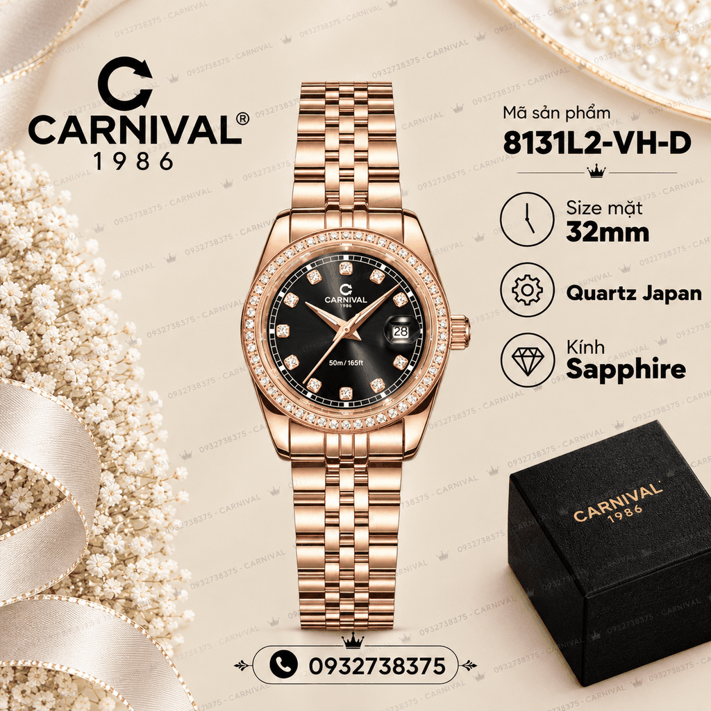 Đồng Hồ Nữ Carnival 8131L2-VH-D Dây Thép Vàng Hồng Mặt Đen Viền Đính Đá Size 31mm Quartz Japan