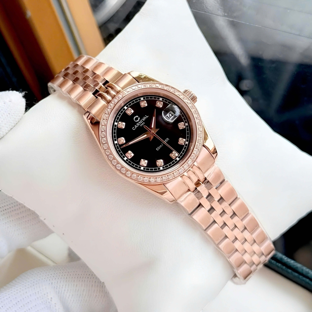 Đồng Hồ Nữ Carnival 8131L2-VH-D Dây Thép Vàng Hồng Mặt Đen Viền Đính Đá Size 31mm Quartz Japan