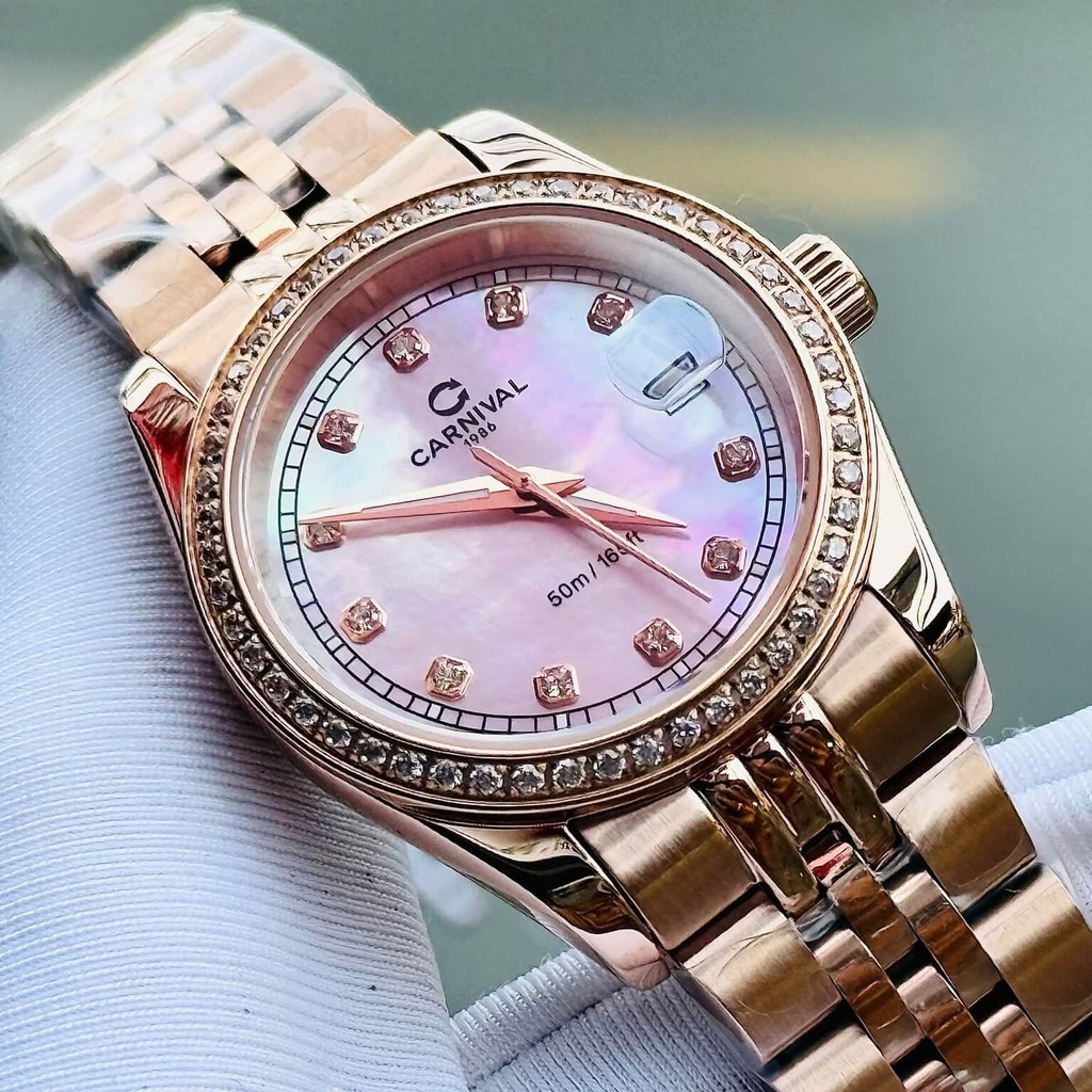 Đồng Hồ Nữ Carnival 8131L2-VH-HK Dây Thép Vàng Hồng Mặt Xà Cừ Hồng Viền Đính Đá Size 31mm Quartz Japan