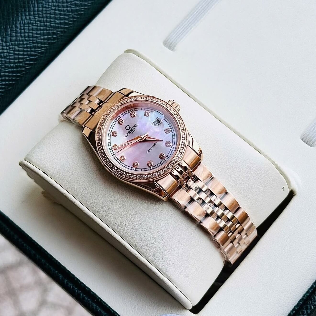 Đồng Hồ Nữ Carnival 8131L2-VH-HK Dây Thép Vàng Hồng Mặt Xà Cừ Hồng Viền Đính Đá Size 31mm Quartz Japan