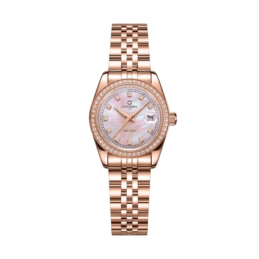 Đồng Hồ Nữ Carnival 8131L2-VH-HK Dây Thép Vàng Hồng Mặt Xà Cừ Hồng Viền Đính Đá Size 31mm Quartz Japan
