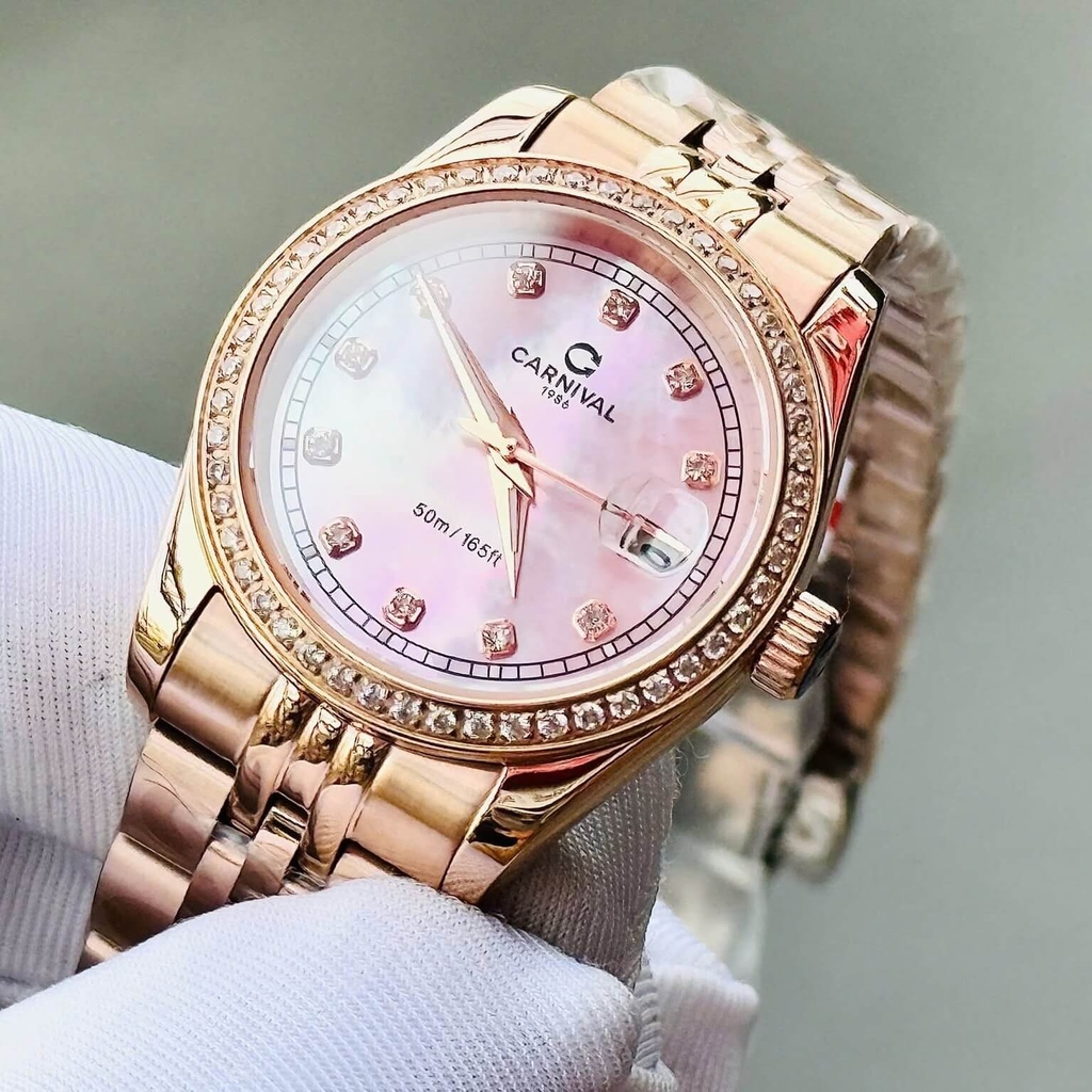 Đồng Hồ Nữ Carnival 8131L2-VH-HK Dây Thép Vàng Hồng Mặt Xà Cừ Hồng Viền Đính Đá Size 31mm Quartz Japan