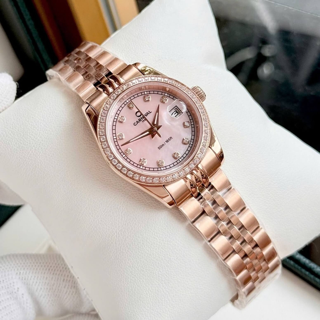 Đồng Hồ Nữ Carnival 8131L2-VH-HK Dây Thép Vàng Hồng Mặt Xà Cừ Hồng Viền Đính Đá Size 31mm Quartz Japan