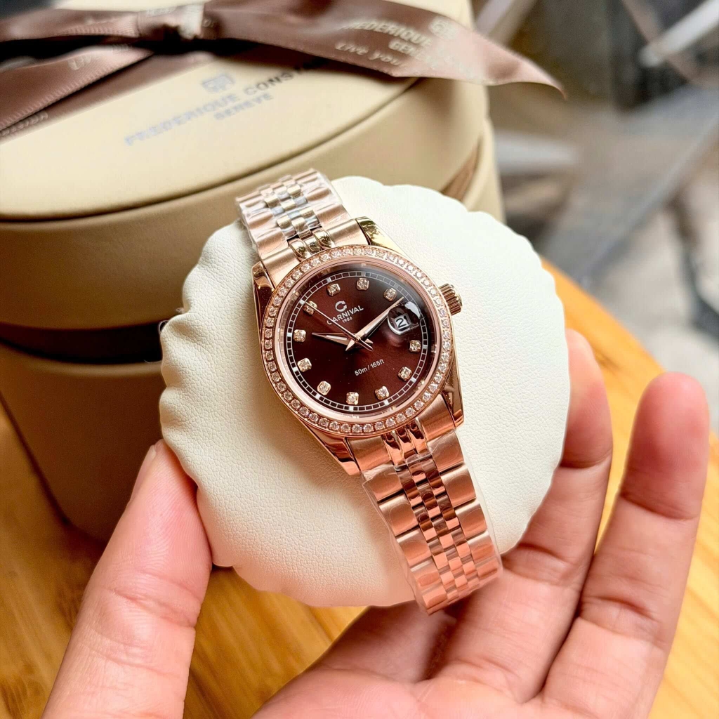 Đồng Hồ Nữ Carnival 8131L2-VH-N Dây Thép Vàng Hồng Mặt Nâu Chocolate Viền Đính Đá Size 31mm Quartz Japan