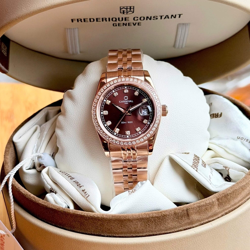Đồng Hồ Nữ Carnival 8131L2-VH-N Dây Thép Vàng Hồng Mặt Nâu Chocolate Viền Đính Đá Size 31mm Quartz Japan