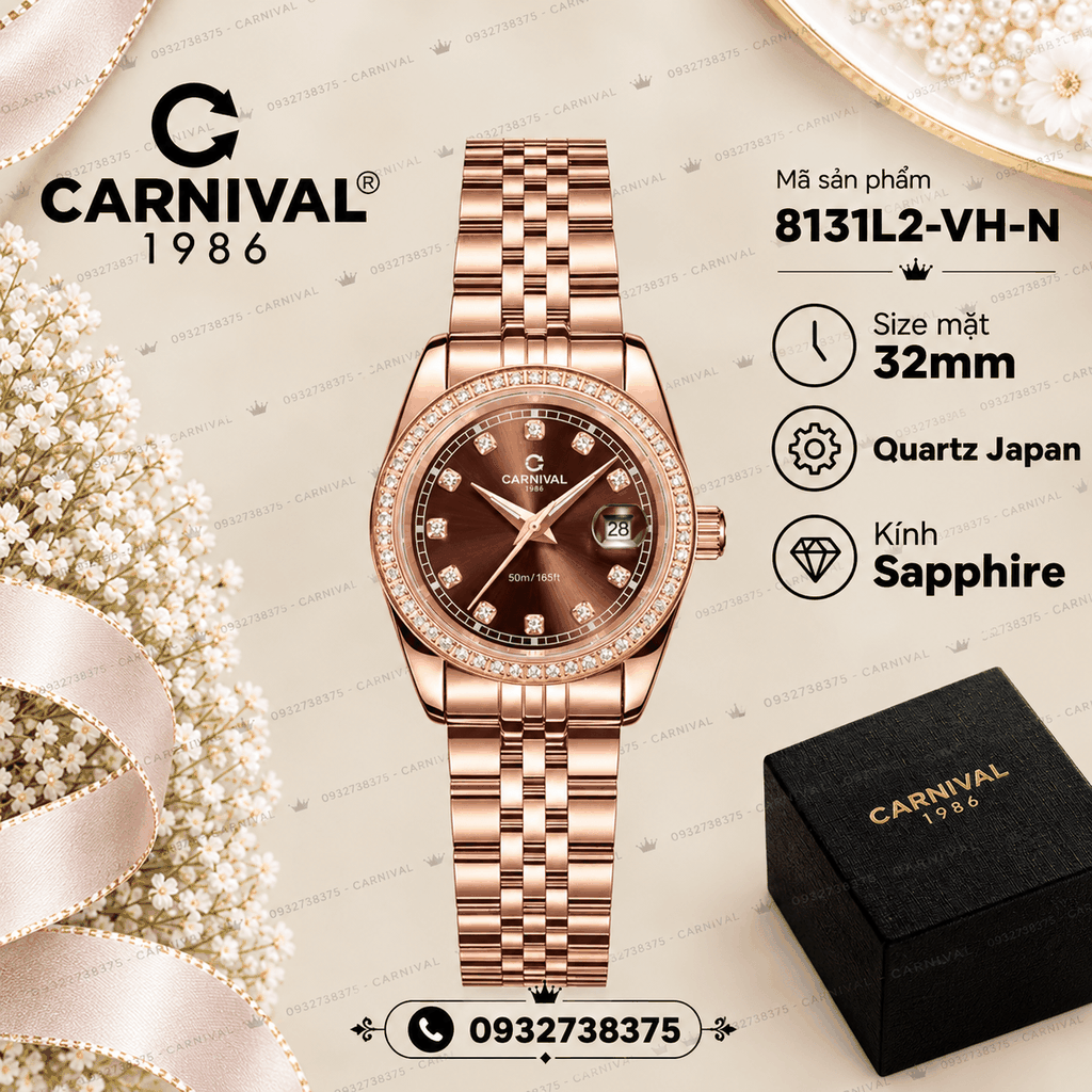 Đồng Hồ Nữ Carnival 8131L2-VH-N Dây Thép Vàng Hồng Mặt Nâu Chocolate Viền Đính Đá Size 31mm Quartz Japan