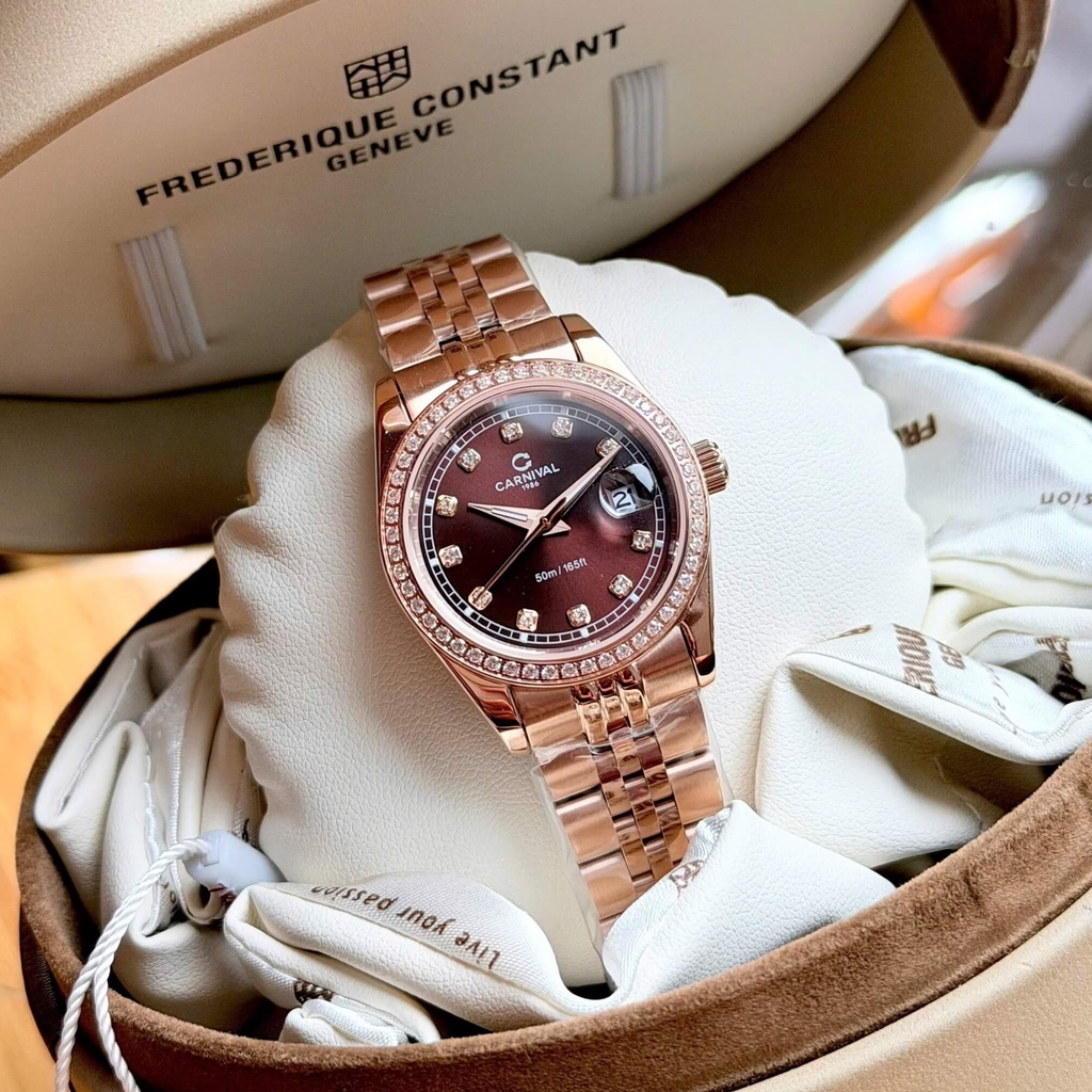 Đồng Hồ Nữ Carnival 8131L2-VH-N Dây Thép Vàng Hồng Mặt Nâu Chocolate Viền Đính Đá Size 31mm Quartz Japan