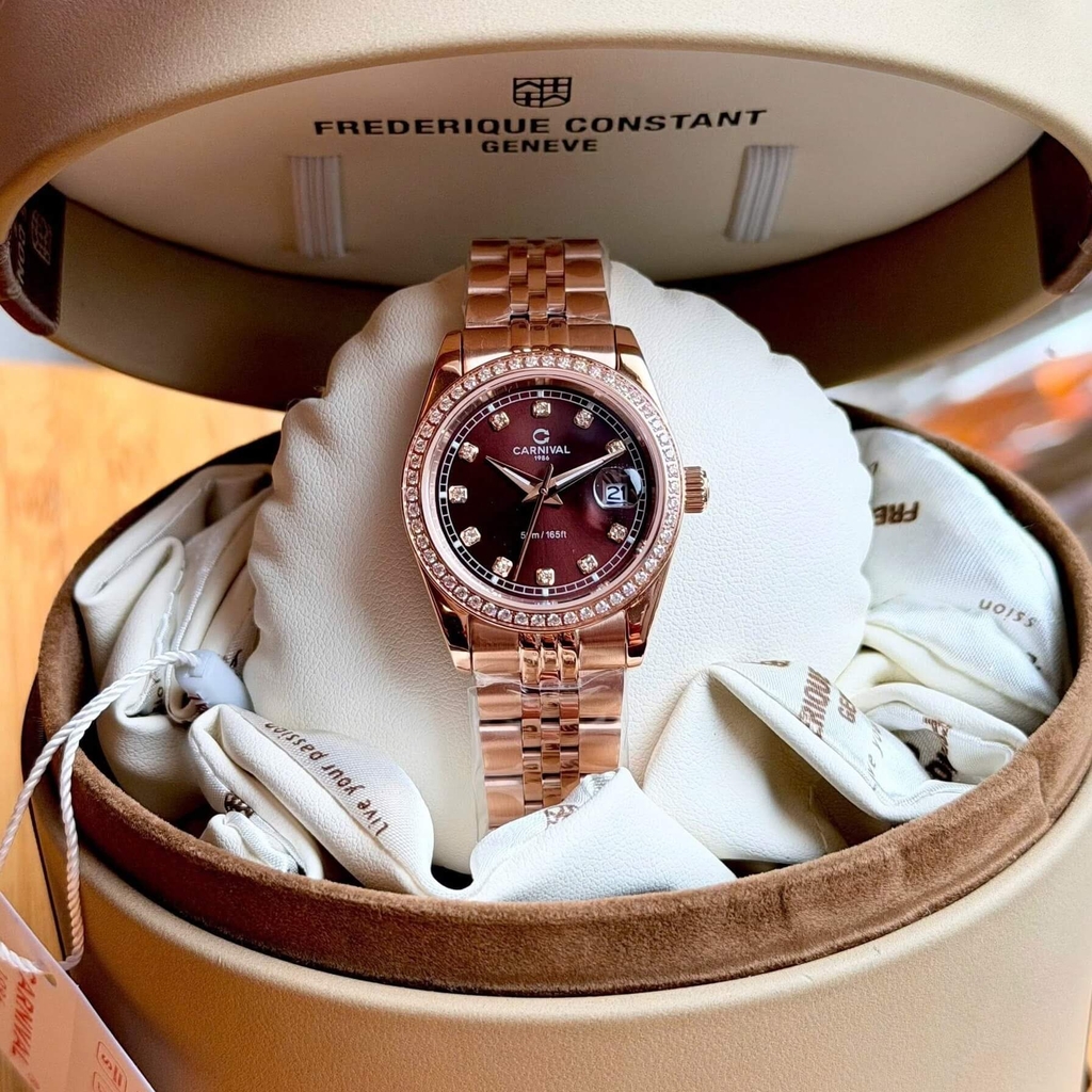 Đồng Hồ Nữ Carnival 8131L2-VH-N Dây Thép Vàng Hồng Mặt Nâu Chocolate Viền Đính Đá Size 31mm Quartz Japan