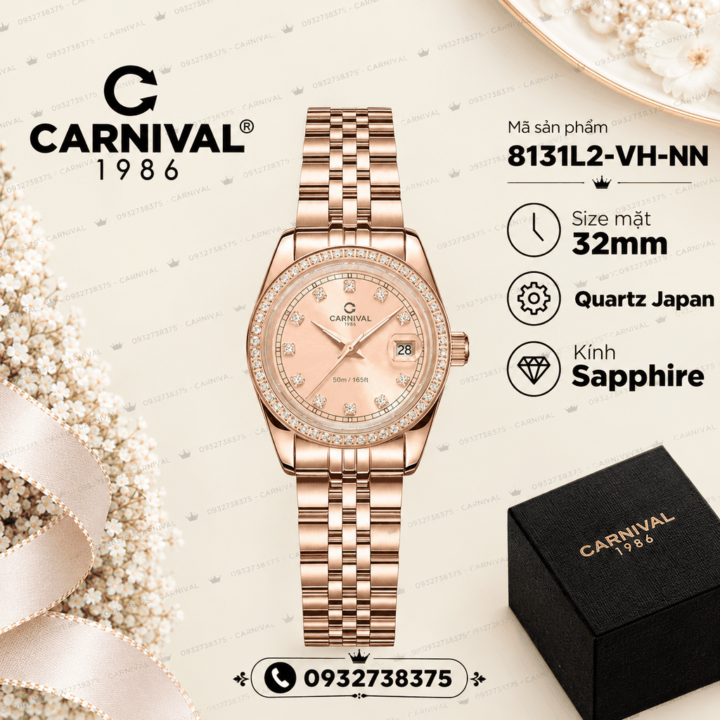 Đồng Hồ Nữ Carnival 8131L2-VH-NN Dây Thép Vàng Hồng Viền Đính Đá Size 31mm Quartz Japan