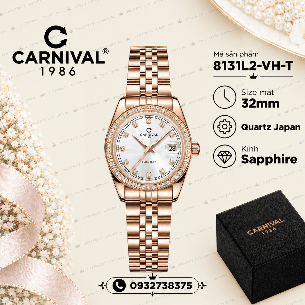 Đồng Hồ Nữ Carnival 8131L2-VH-T Dây Thép Vàng Hồng Mặt Trắng Viền Đính Đá Size 31mm Quartz Japan
