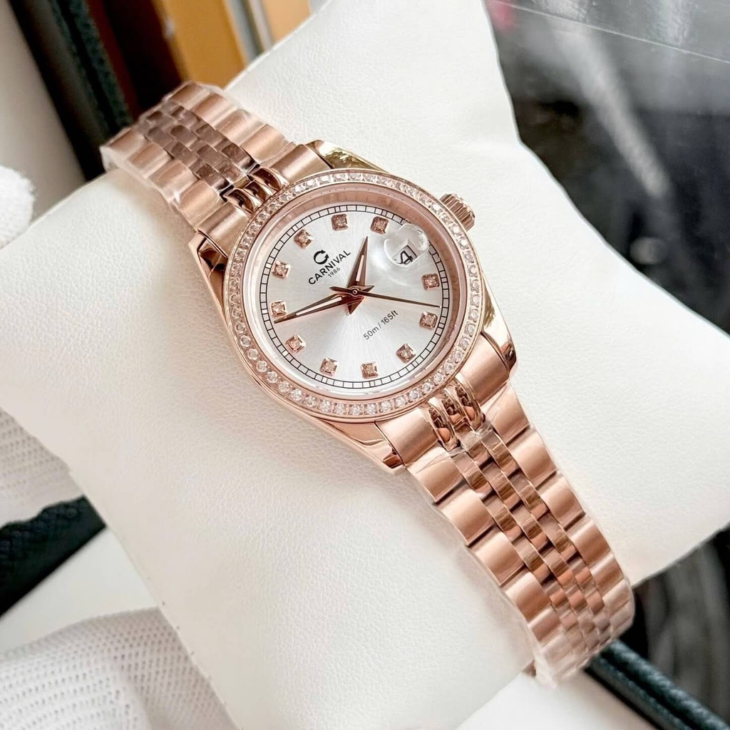 Đồng Hồ Nữ Carnival 8131L2-VH-T Dây Thép Vàng Hồng Mặt Trắng Viền Đính Đá Size 31mm Quartz Japan