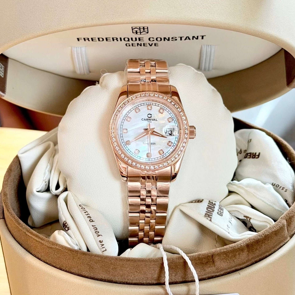 Đồng Hồ Nữ Carnival 8131L2-VH-TK Dây Thép Vàng Hồng Mặt Xà Cừ Trắng Viền Đính Đá Size 31mm Quartz Japan