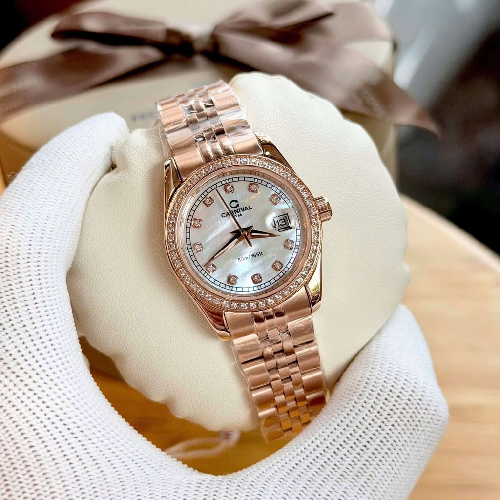 Đồng Hồ Nữ Carnival 8131L2-VH-TK Dây Thép Vàng Hồng Mặt Xà Cừ Trắng Viền Đính Đá Size 31mm Quartz Japan