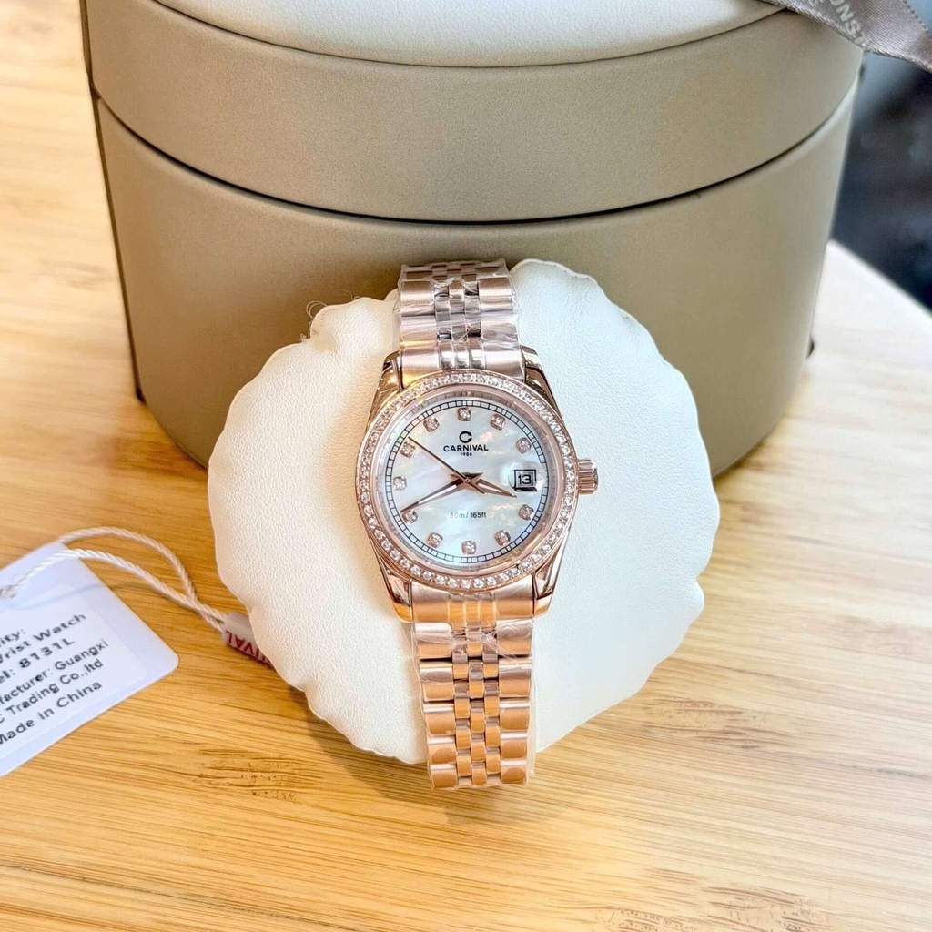 Đồng Hồ Nữ Carnival 8131L2-VH-TK Dây Thép Vàng Hồng Mặt Xà Cừ Trắng Viền Đính Đá Size 31mm Quartz Japan