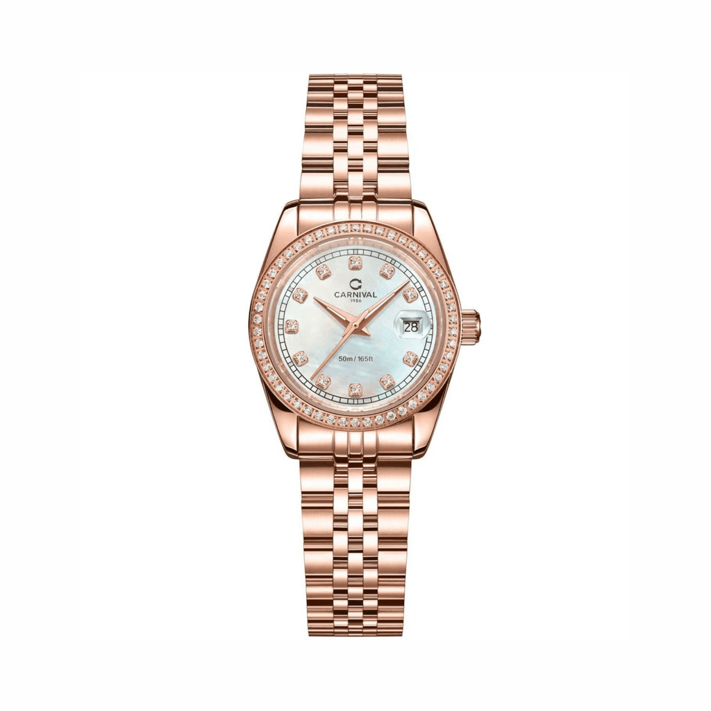 Đồng Hồ Nữ Carnival 8131L2-VH-TK Dây Thép Vàng Hồng Mặt Xà Cừ Trắng Viền Đính Đá Size 31mm Quartz Japan