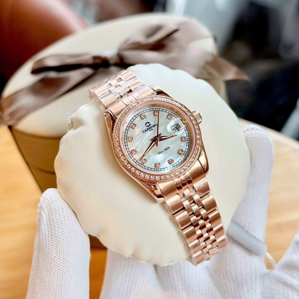 Đồng Hồ Nữ Carnival 8131L2-VH-TK Dây Thép Vàng Hồng Mặt Xà Cừ Trắng Viền Đính Đá Size 31mm Quartz Japan